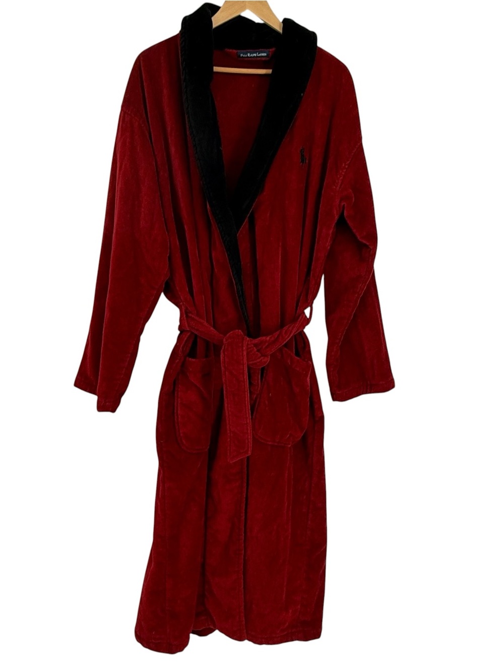 Polo Ralph Lauren Terry Cloth Bath Robe Mens One Size Red Black Cotton Belted